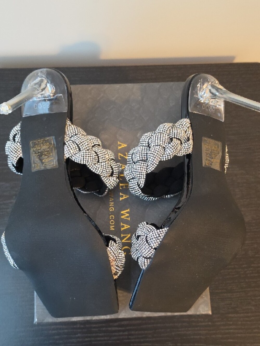 Azalea Wang Grace Black Braided Crystal Heeled Slides, 4.5" - Picture 7 of 9